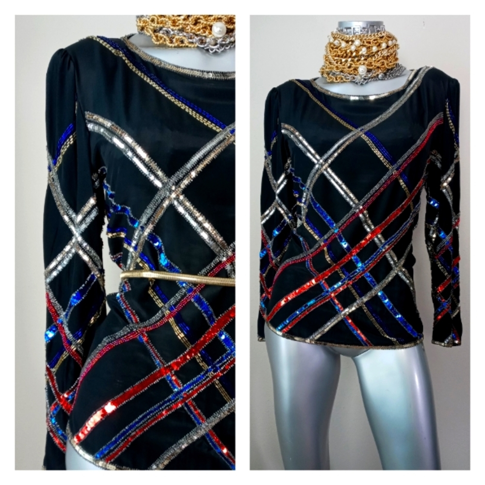 "ARGENTI" VinTage 100% Silk Sequins & Beads Cocktail Top - Picture 13 of 16